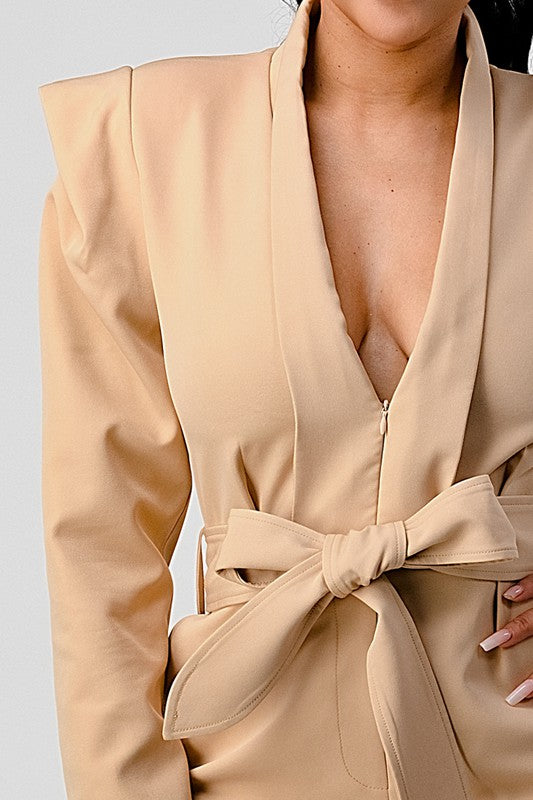 Business casual blazer romper with belt KHAKI by Athina | Fleurcouture