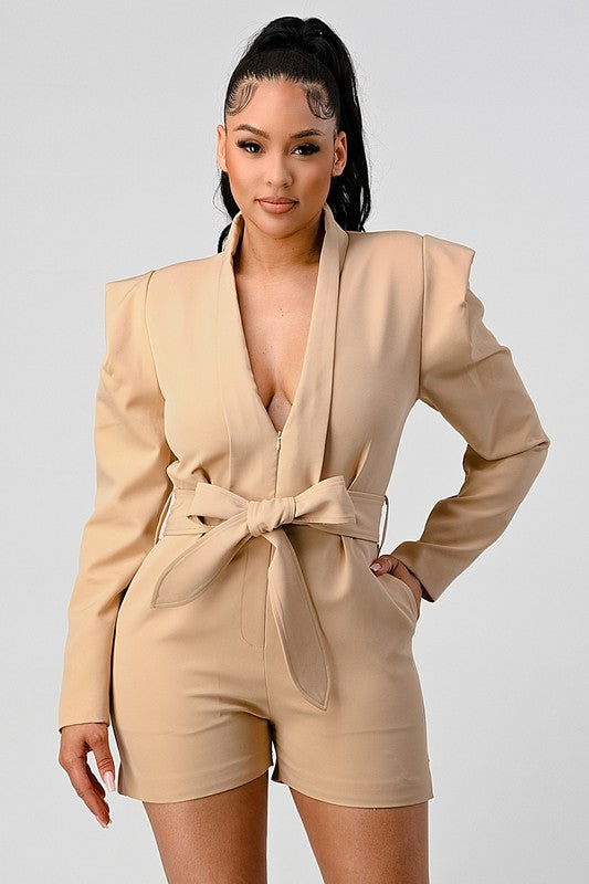 Business casual blazer romper with belt KHAKI by Athina | Fleurcouture