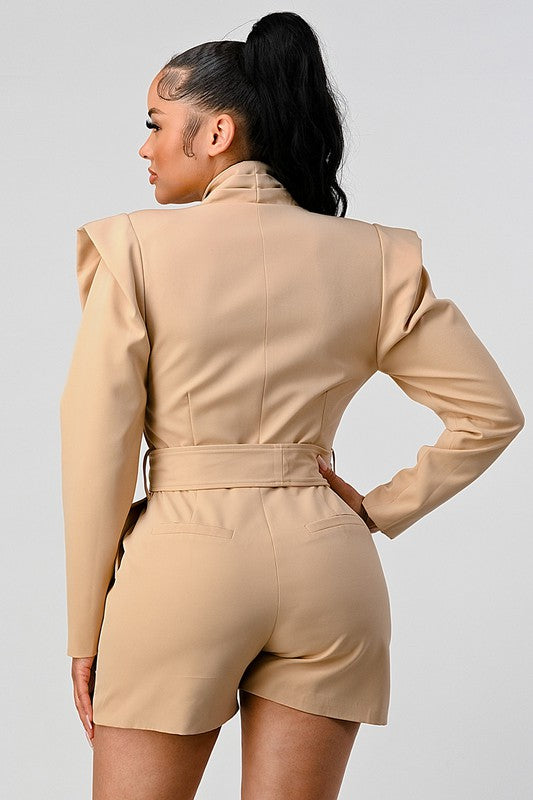 Business casual blazer romper with belt KHAKI by Athina | Fleurcouture