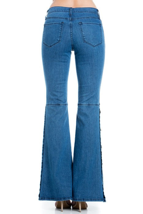 button down bottom flare wide denim golden stitch Medium Wash by O2 Denim | Fleurcouture