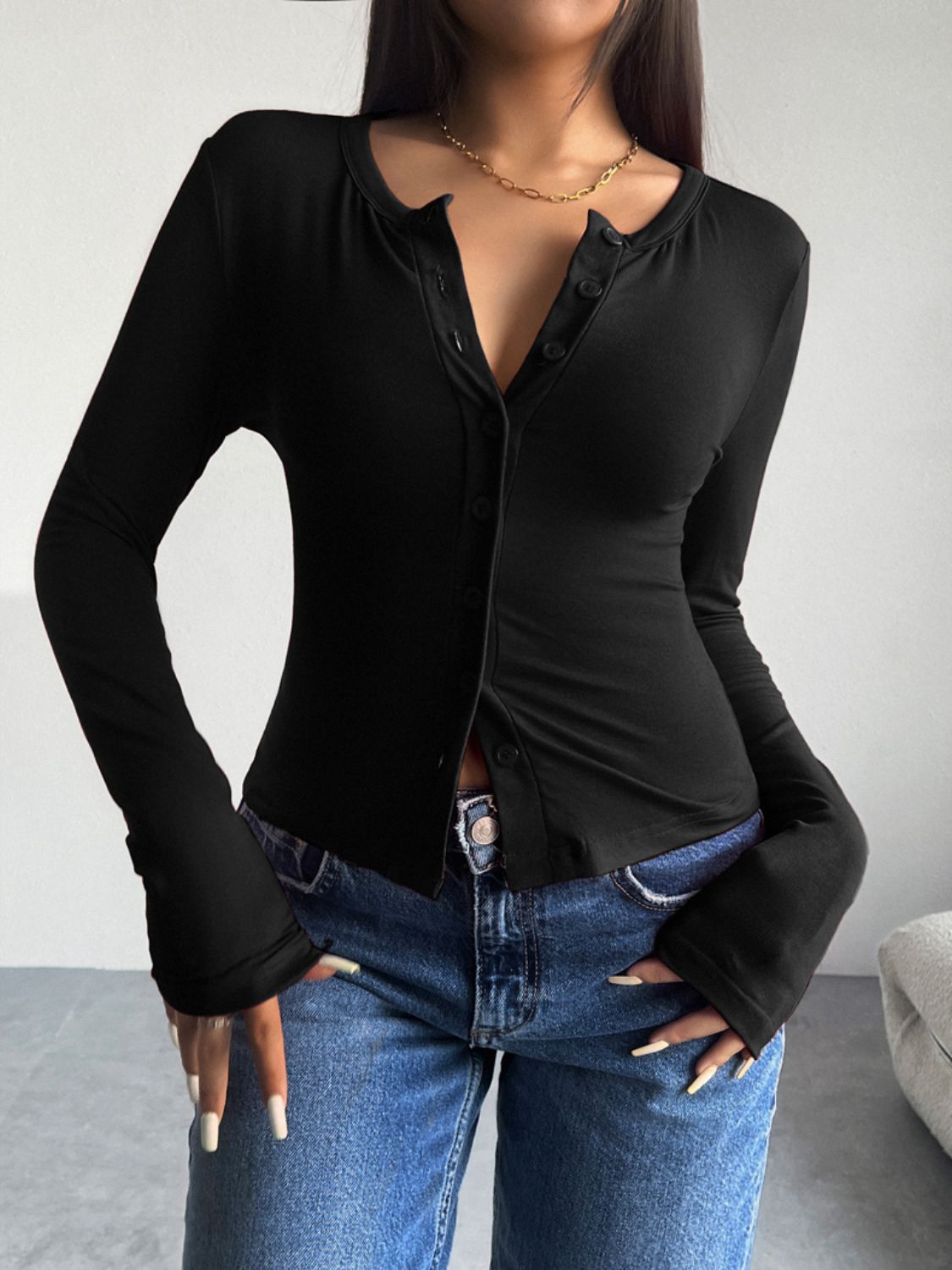 Button Up Long Sleeve T-Shirt Black S Women&