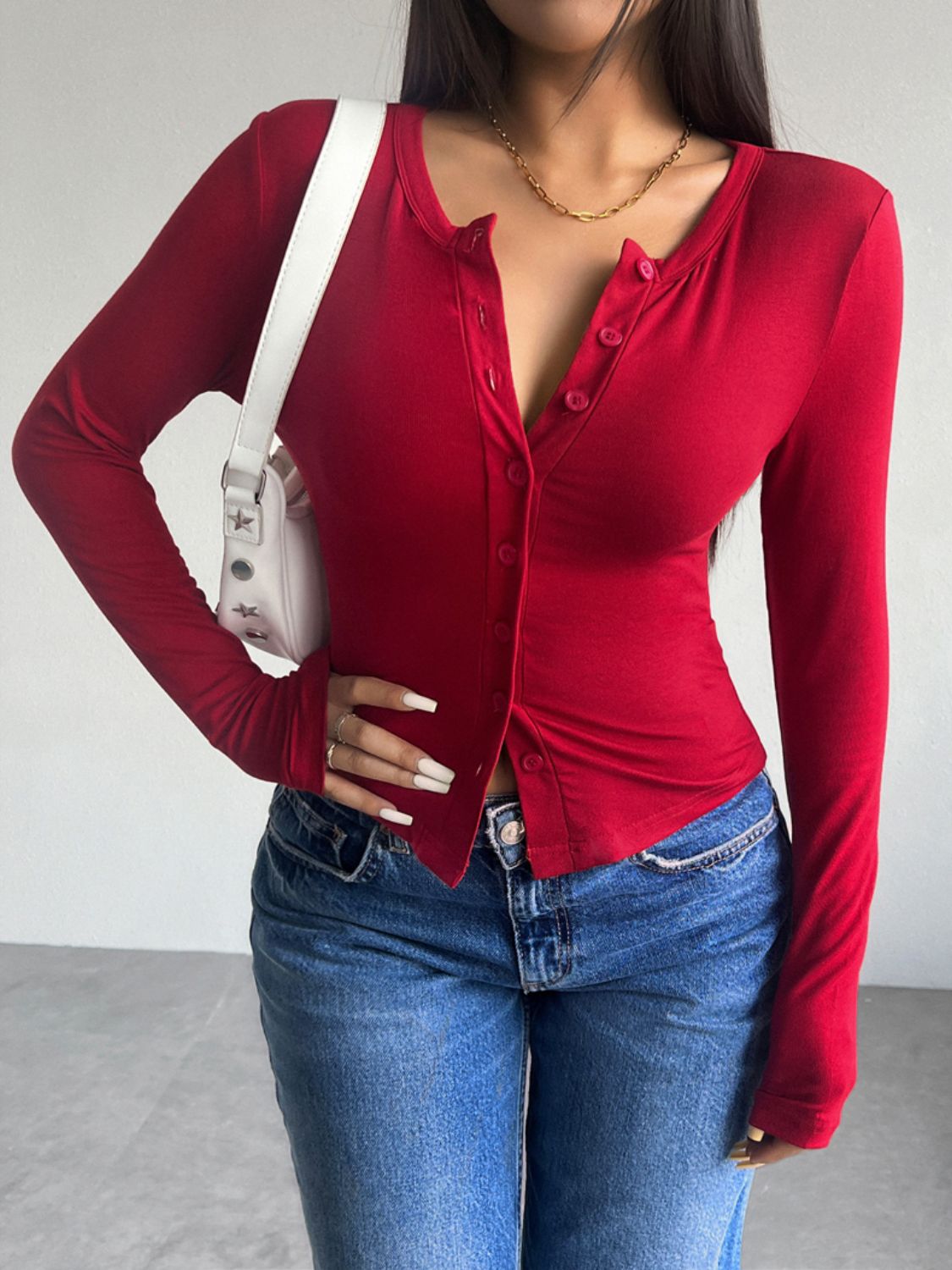 Button Up Long Sleeve T-Shirt Scarlet S Women&