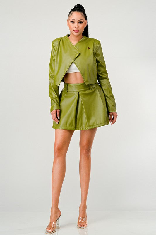 Button Up Pu Leather jacket and Skirt Set Green by Athina | Fleurcouture