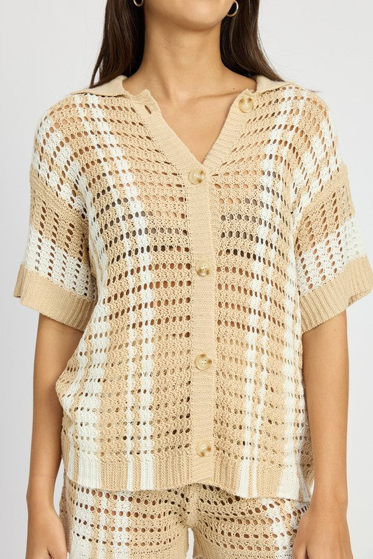 BUTTON UP STRIPED CROCHET TOP NATURAL STRIPE by Emory Park | Fleurcouture