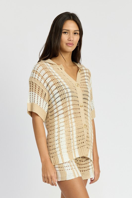 BUTTON UP STRIPED CROCHET TOP NATURAL STRIPE by Emory Park | Fleurcouture