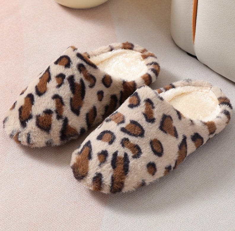 Camel Leopard Print Fuzzy Home Slippers Camel 100%Polyester+100%TPR Shoes & Bags by Fleurcouture | Fleurcouture
