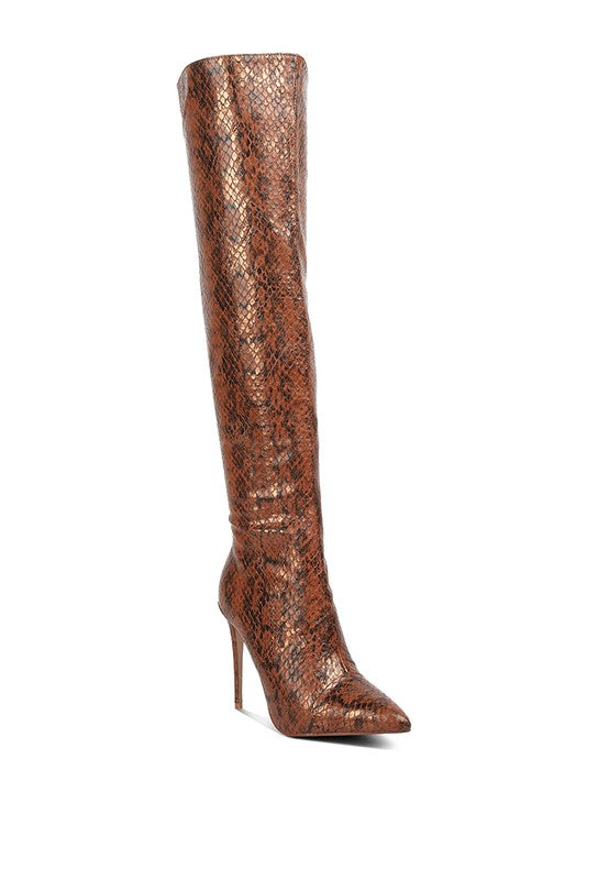 Catalina Snake Print Stiletto Knee Boots Brown 5 by Rag Company | Fleurcouture