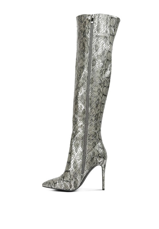 Catalina Snake Print Stiletto Knee Boots by Rag Company | Fleurcouture