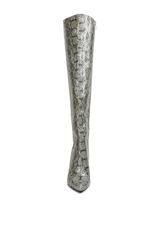 Catalina Snake Print Stiletto Knee Boots by Rag Company | Fleurcouture