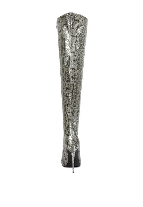 Catalina Snake Print Stiletto Knee Boots by Rag Company | Fleurcouture