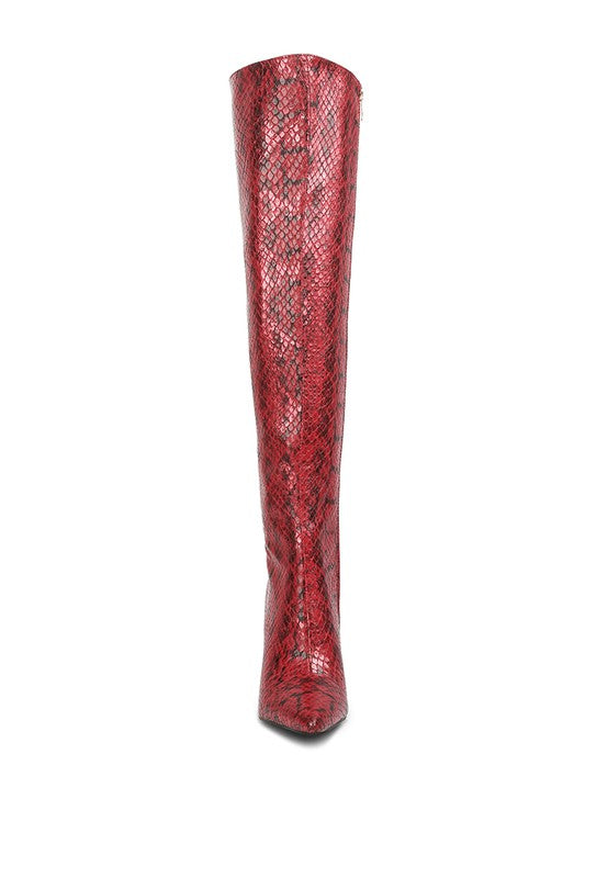 Catalina Snake Print Stiletto Knee Boots by Rag Company | Fleurcouture
