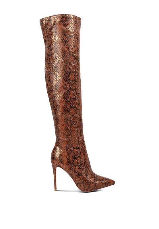 Catalina Snake Print Stiletto Knee Boots by Rag Company | Fleurcouture