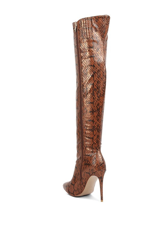 Catalina Snake Print Stiletto Knee Boots by Rag Company | Fleurcouture