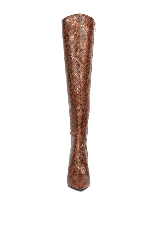 Catalina Snake Print Stiletto Knee Boots by Rag Company | Fleurcouture