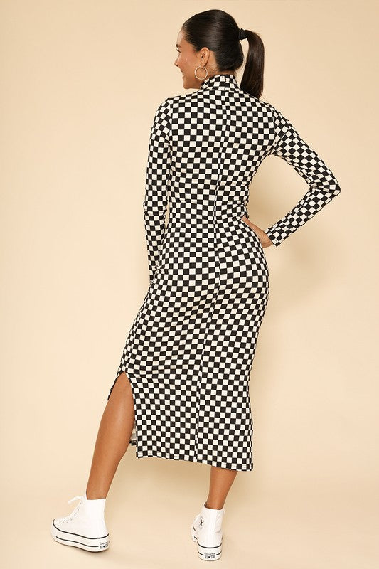 Checkered ribbed mock neck midi dress BLACK MULTI by Miss Sparkling | Fleurcouture
