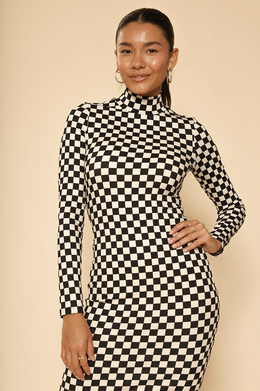 Checkered ribbed mock neck midi dress BLACK MULTI by Miss Sparkling | Fleurcouture