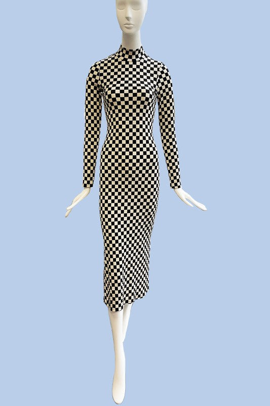 Checkered ribbed mock neck midi dress BLACK MULTI by Miss Sparkling | Fleurcouture