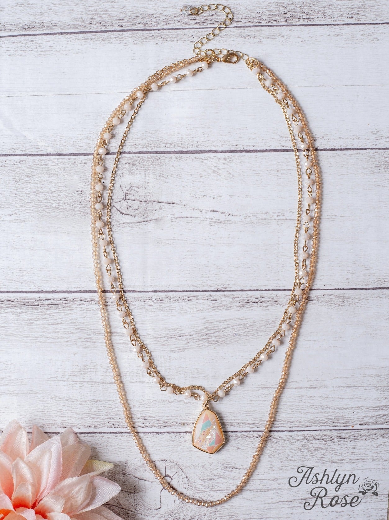 Cheers To Forever Iridescent Stone Pendant Pastel Pink Layered Necklace Gold One Size Necklace by Grace & Emma | Fleurcouture