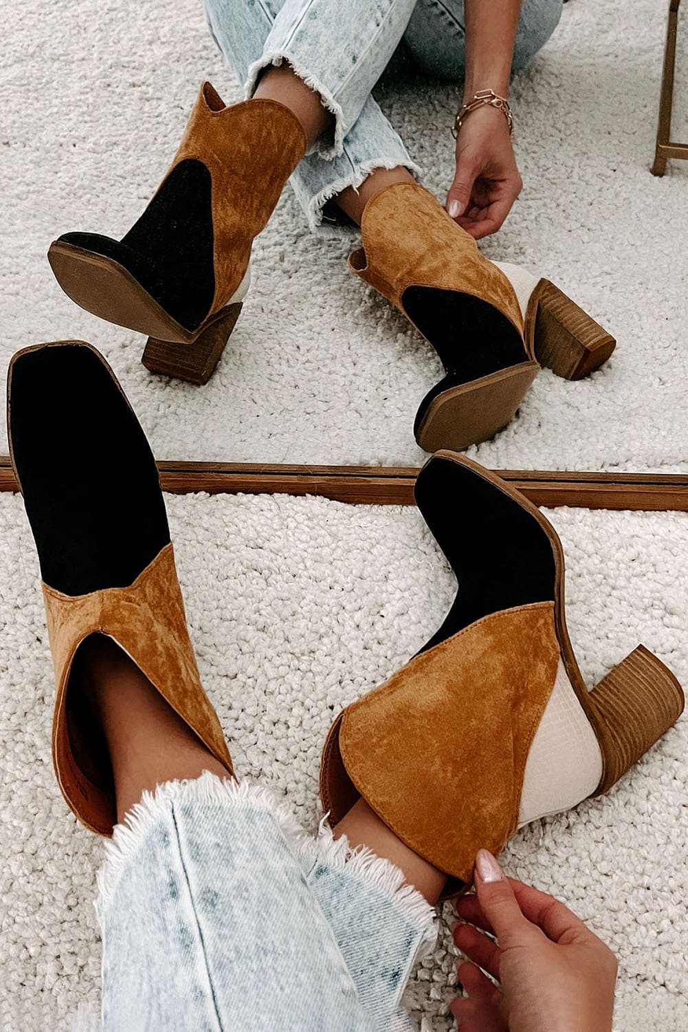 Chestnut Colorblock Suede Heeled Ankle Booties 100%Polyester+100%TPR Shoes & Bags by Fleurcouture | Fleurcouture