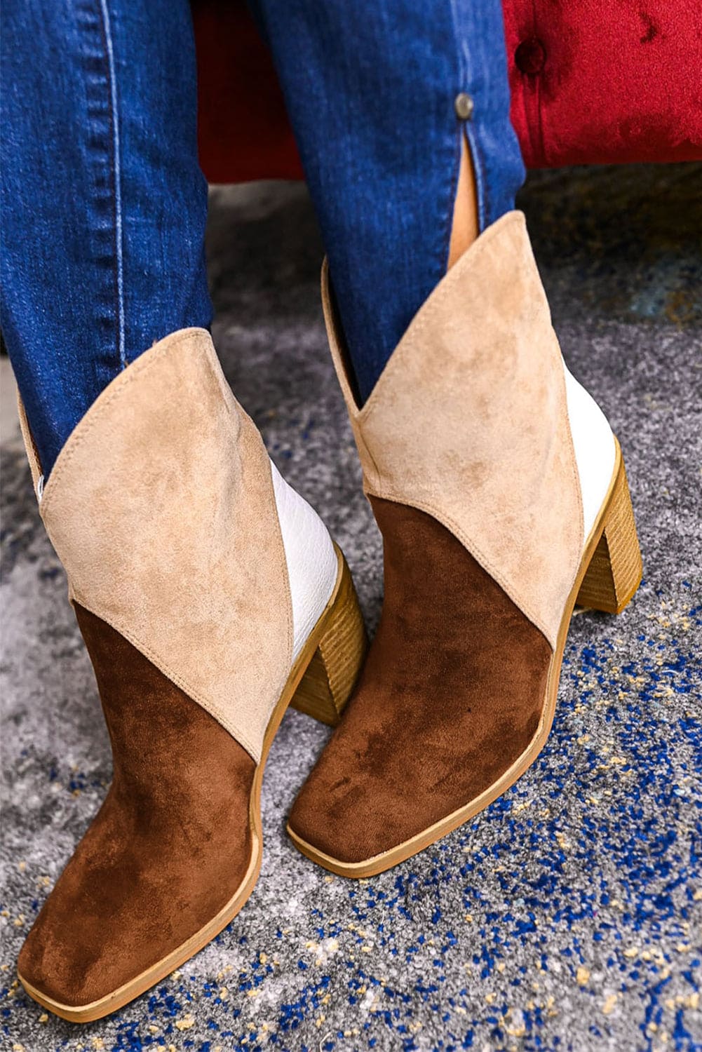 Chestnut Colorblock Suede Heeled Ankle Booties 100%Polyester+100%TPR Shoes & Bags by Fleurcouture | Fleurcouture