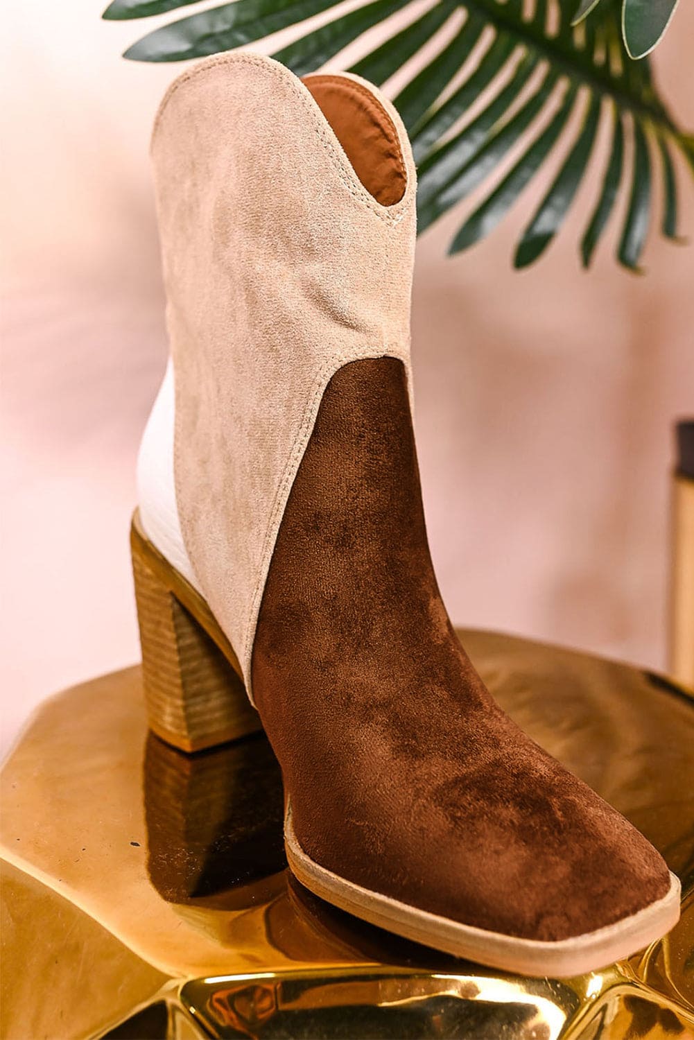 Chestnut Colorblock Suede Heeled Ankle Booties 100%Polyester+100%TPR Shoes & Bags by Fleurcouture | Fleurcouture