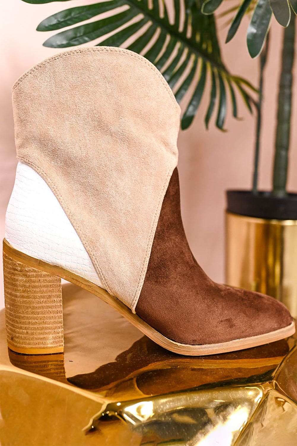 Chestnut Colorblock Suede Heeled Ankle Booties 100%Polyester+100%TPR Shoes & Bags by Fleurcouture | Fleurcouture