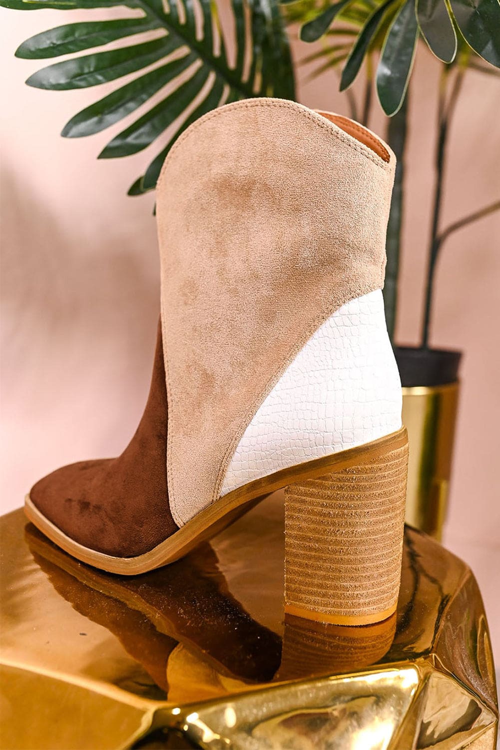 Chestnut Colorblock Suede Heeled Ankle Booties 100%Polyester+100%TPR Shoes & Bags by Fleurcouture | Fleurcouture