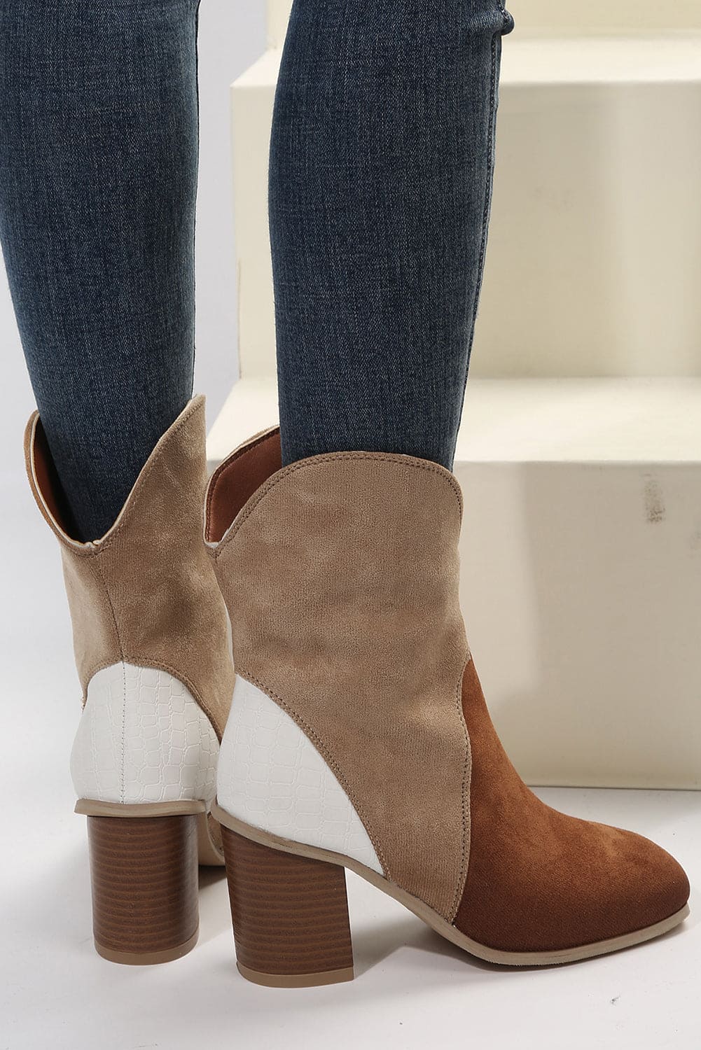 Chestnut Colorblock Suede Heeled Ankle Booties 100%Polyester+100%TPR Shoes & Bags by Fleurcouture | Fleurcouture