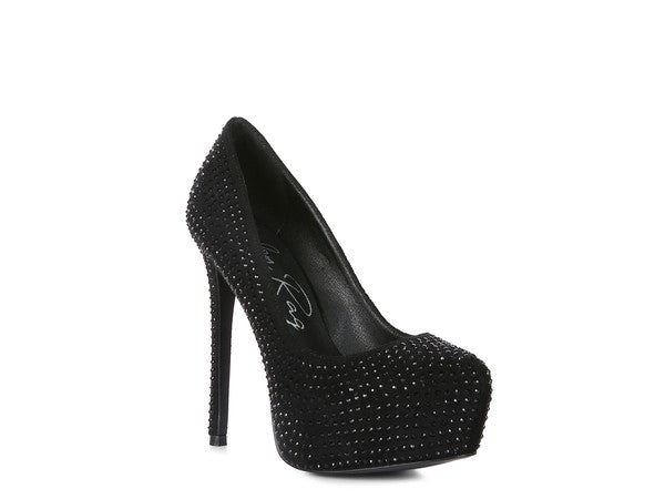 CLARISSE Diamante Faux Suede high Heeled Pumps Black 5 by Rag Company | Fleurcouture