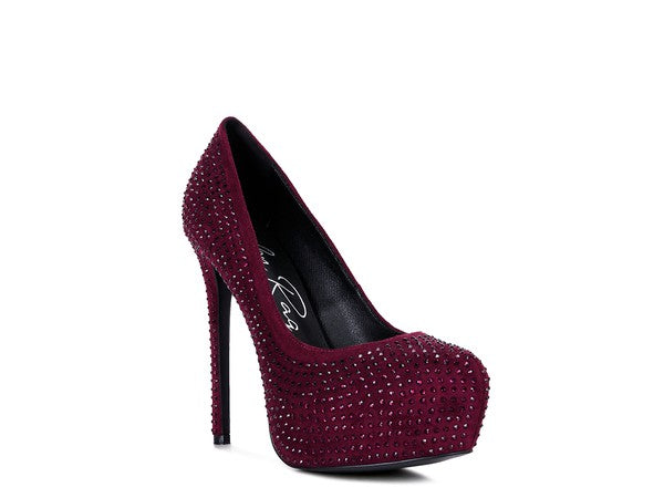 CLARISSE Diamante Faux Suede high Heeled Pumps Burgundy 5 by Rag Company | Fleurcouture