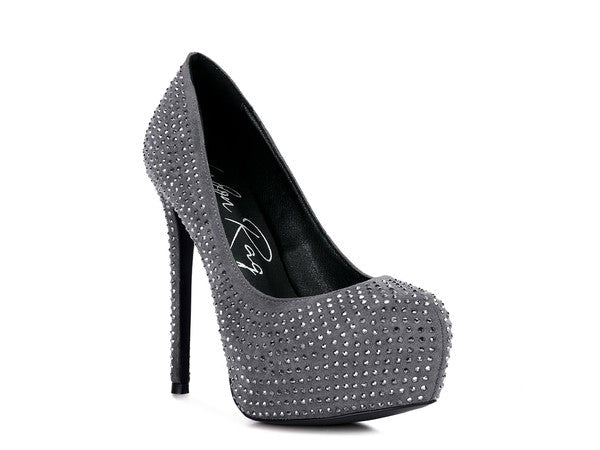 CLARISSE Diamante Faux Suede high Heeled Pumps Grey 5 by Rag Company | Fleurcouture