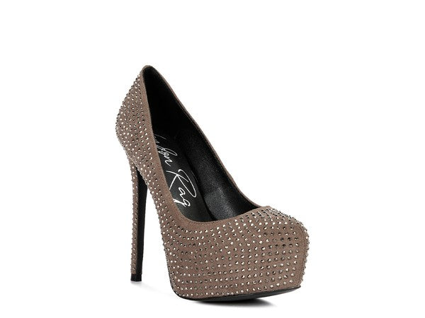 CLARISSE Diamante Faux Suede high Heeled Pumps Taupe 5 by Rag Company | Fleurcouture