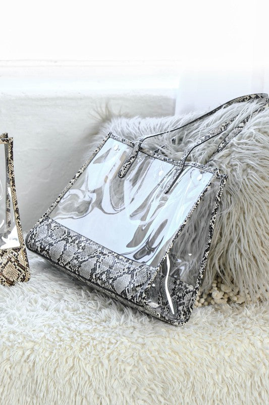 CLEAR PVC SNAKE TRIM TOTE BAG BROWN/TACL Os by Bella Chic | Fleurcouture