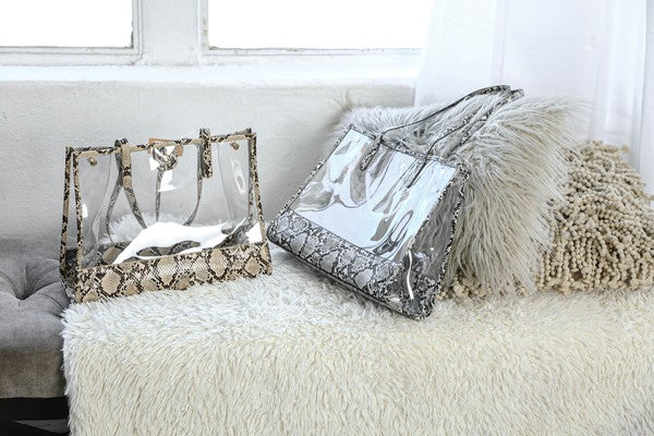 CLEAR PVC SNAKE TRIM TOTE BAG BROWN/TACL Os by Bella Chic | Fleurcouture
