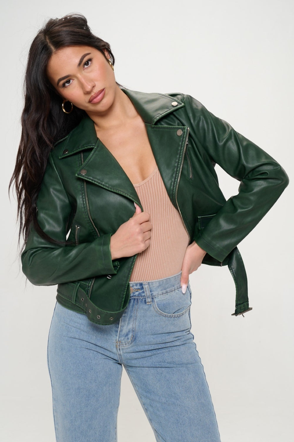 Coalition LA Zip Up Biker Jacket with Belt Green Women&