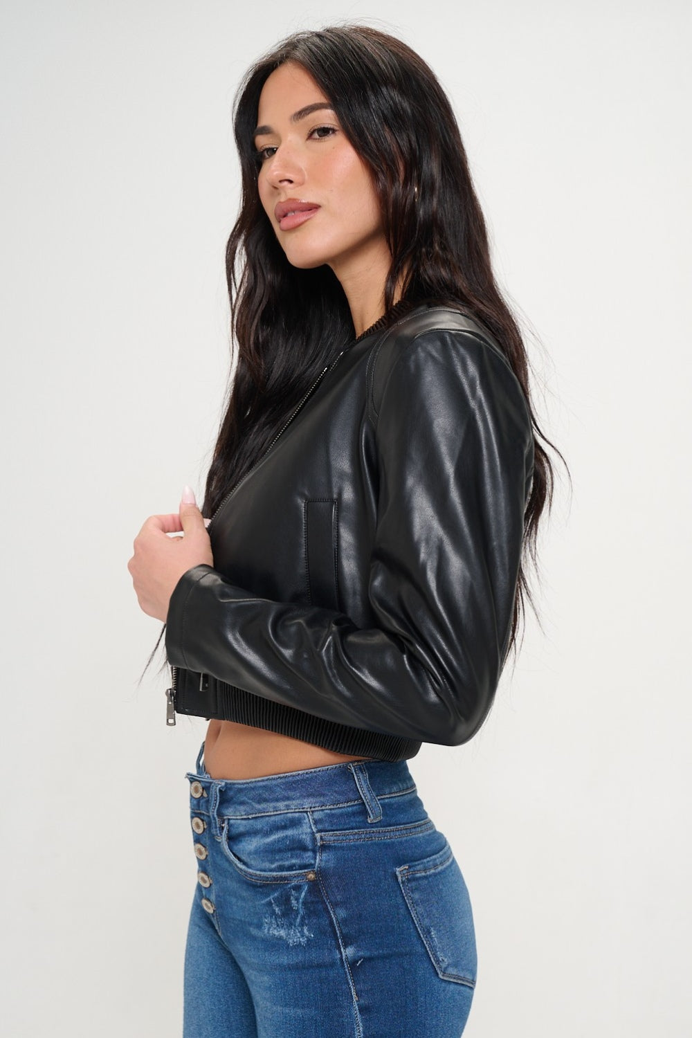 Coalition LA Zip Up Cropped Bomber Jacket Black Women&