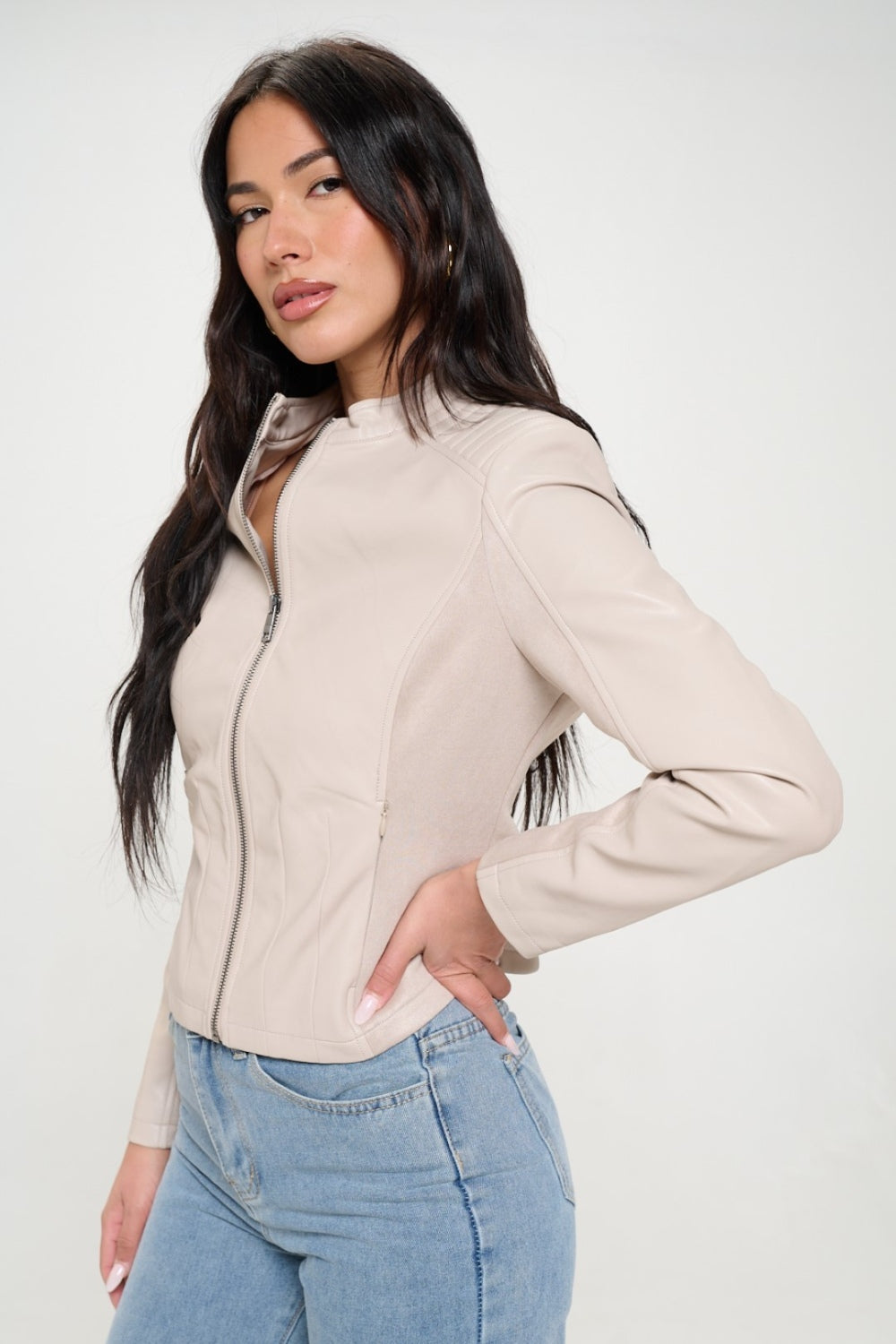 Coalition LA Zip Up Vegan Moto Jacket Cream Women&