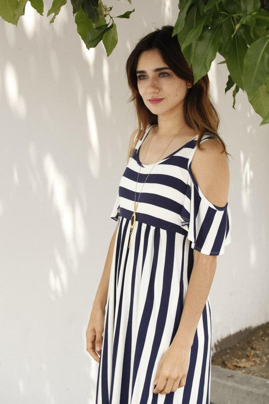 Cold shoulder stripe swing dress Navy S by EG fashion | Fleurcouture