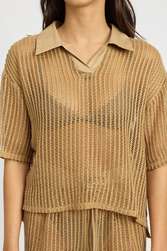 COLLARED LOUNGE SHIRT TAN by Emory Park | Fleurcouture