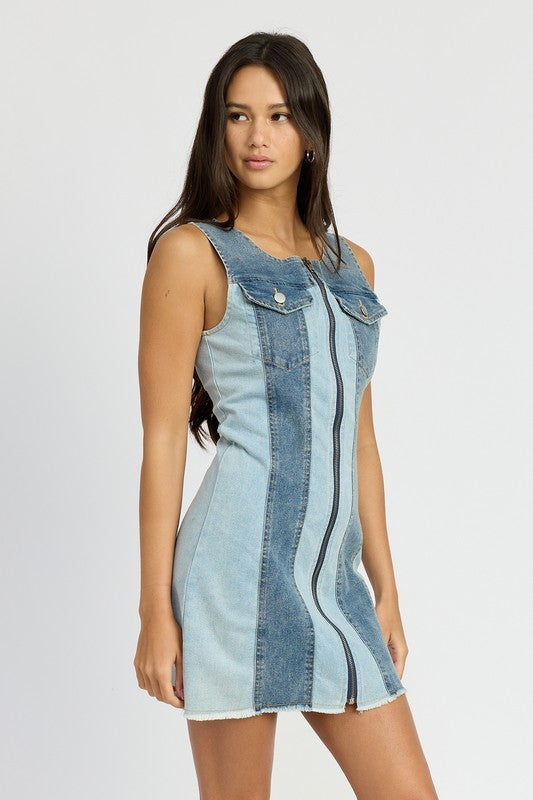 COLOR BLOCK DENIM MINI DRESS DENIM COMBO by Emory Park | Fleurcouture