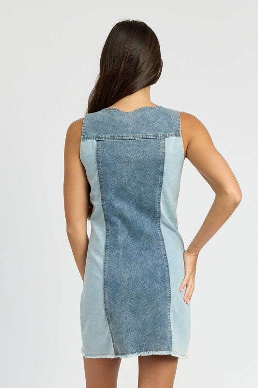 COLOR BLOCK DENIM MINI DRESS DENIM COMBO by Emory Park | Fleurcouture