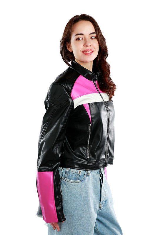 Color Block Faux Leather Biker Jacket BLACK&PINK XL by Rag Company | Fleurcouture