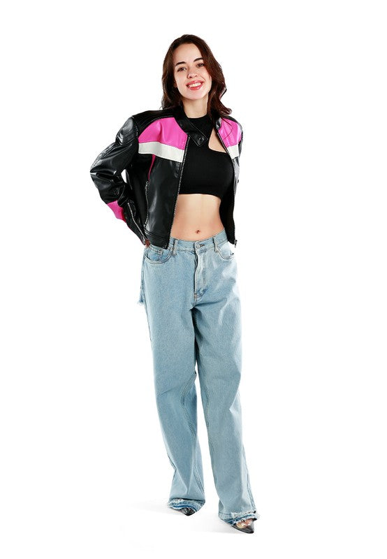 Color Block Faux Leather Biker Jacket BLACK&PINK XL by Rag Company | Fleurcouture