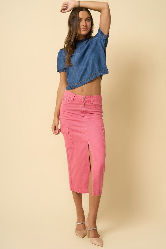 COLOR CARGO MIDI SKIRT DUSTY PINK by Denim Lab USA | Fleurcouture
