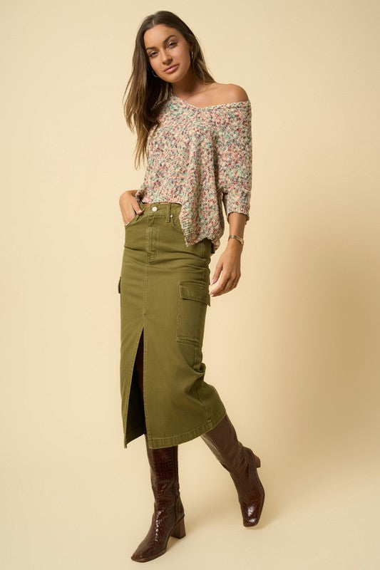 COLOR CARGO MIDI SKIRT TRUE OLIVE by Denim Lab USA | Fleurcouture