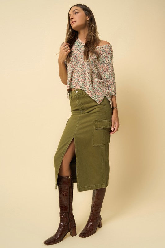 COLOR CARGO MIDI SKIRT TRUE OLIVE by Denim Lab USA | Fleurcouture