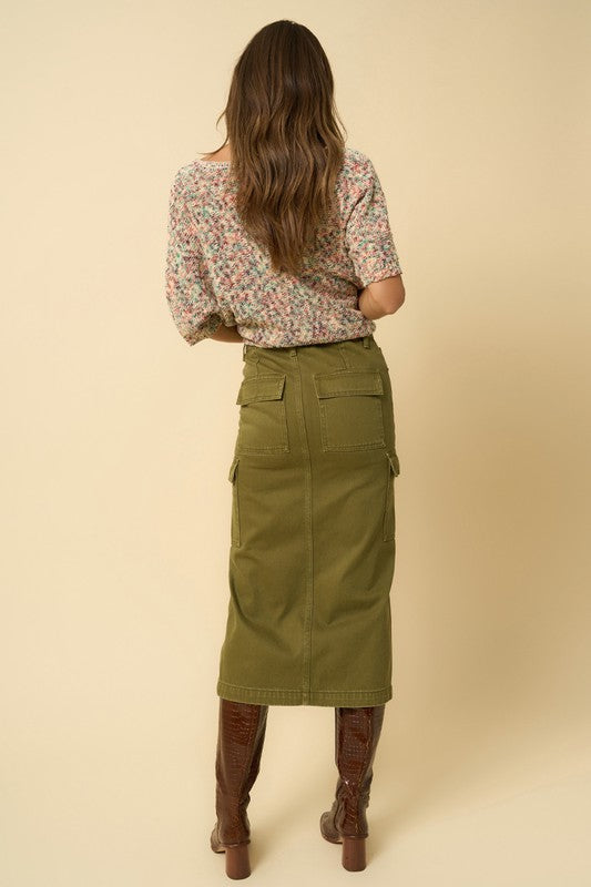 COLOR CARGO MIDI SKIRT TRUE OLIVE by Denim Lab USA | Fleurcouture