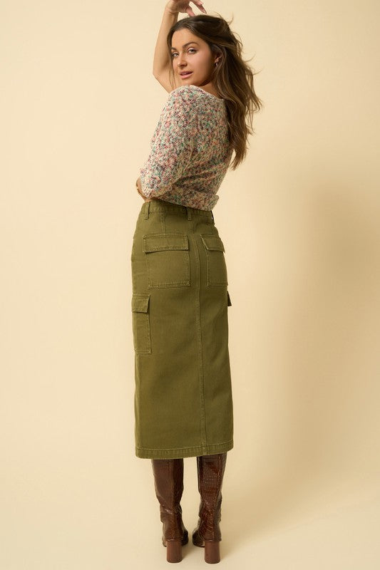 COLOR CARGO MIDI SKIRT TRUE OLIVE by Denim Lab USA | Fleurcouture