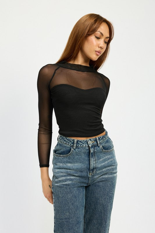 CONTRASTED SHEER RUCHED TOP by Emory Park | Fleurcouture