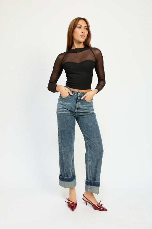 CONTRASTED SHEER RUCHED TOP by Emory Park | Fleurcouture